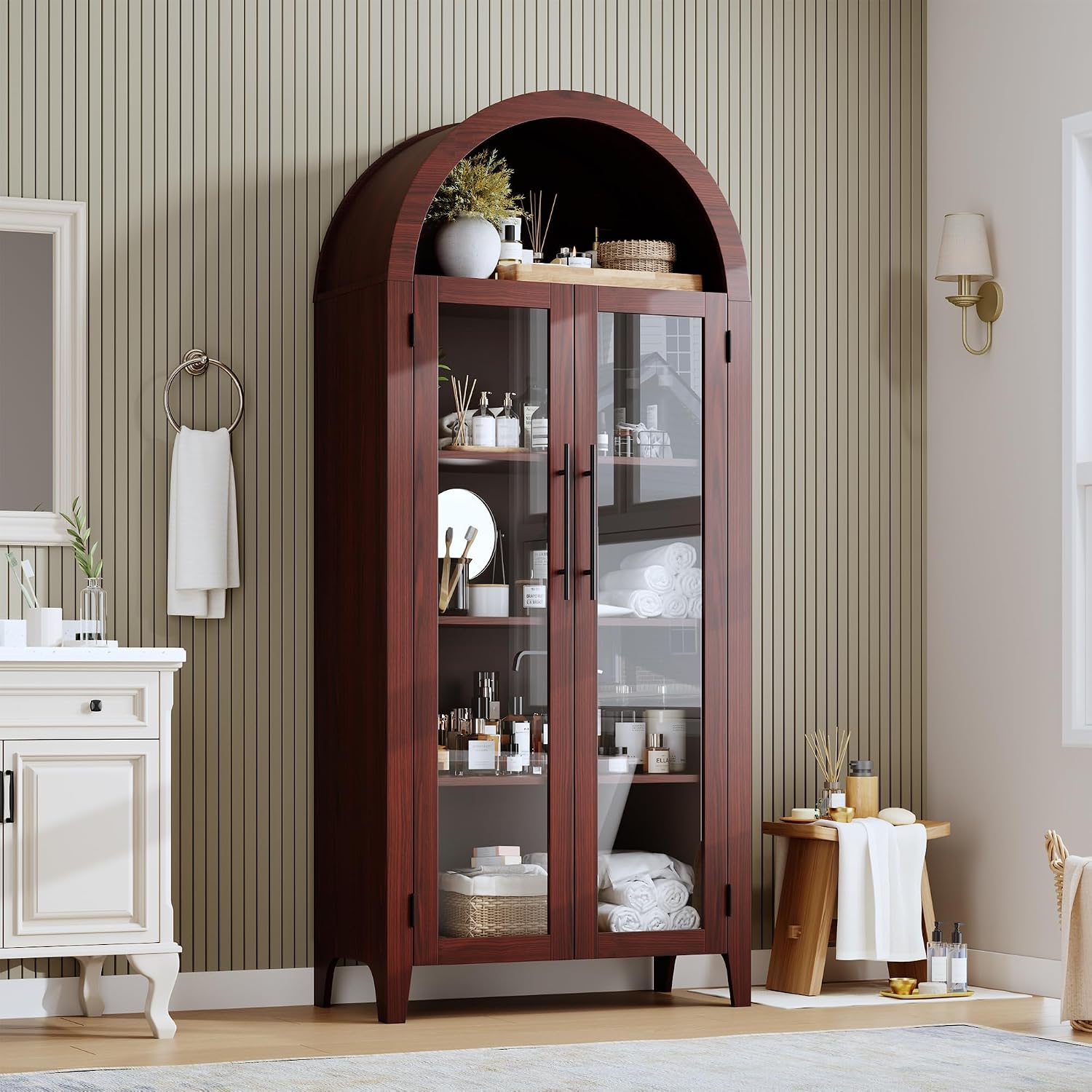 GarveeHome Arched Kitchen Pantry Cabinet - Farmhouse 5 Tier Display Shelf with Adjustable Shelf and 2 Large Glass Doors, Versatile Storage Cupboard for Kitchen, Dining Room, Living Room, Walnut