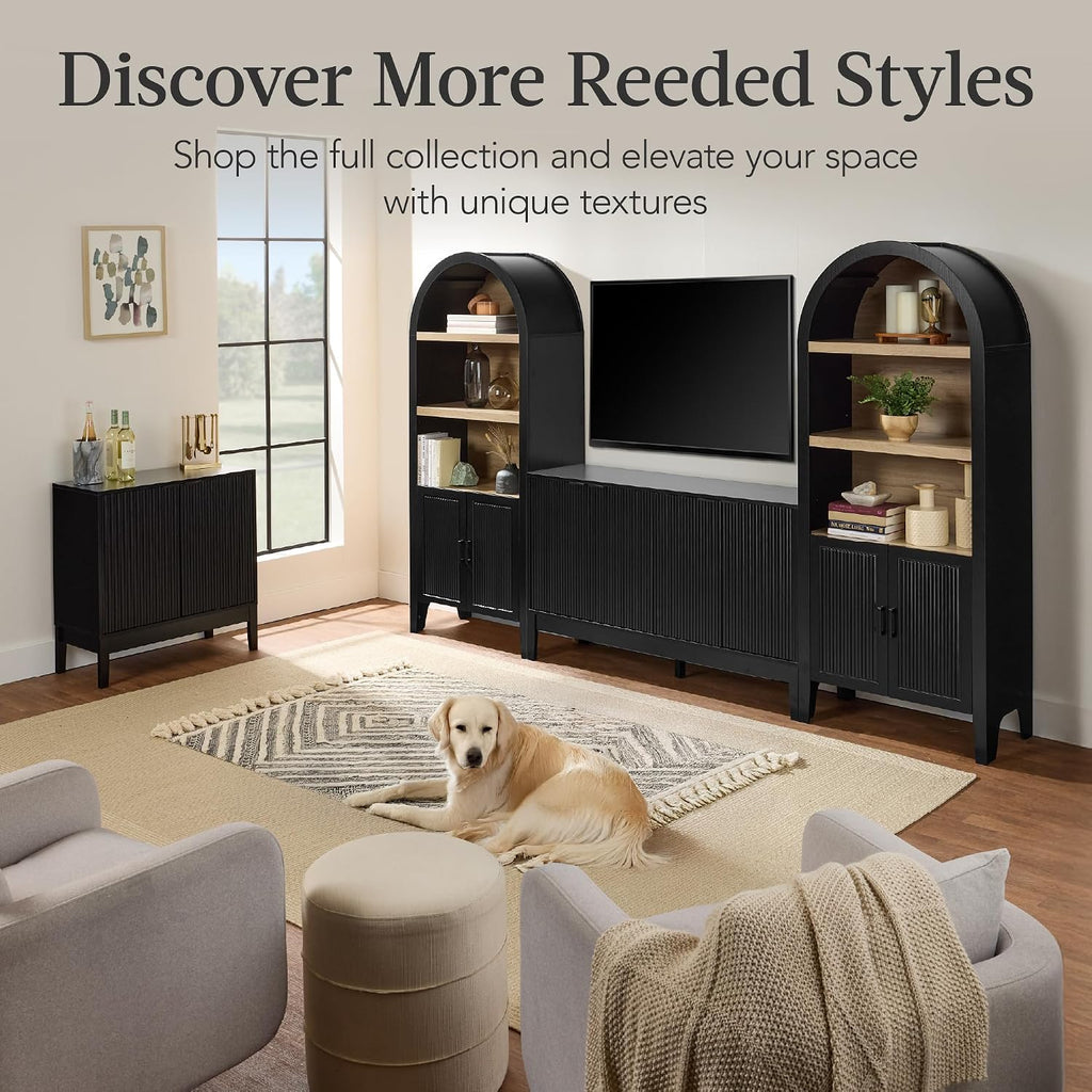 Best Choice Products 55' Modern 4-Door Sideboard Storage Cabinet, Buffet, Media Cabinet, Cupboard, Entryway Accent Table, Bookcase w/Reed Panels and Adjustable Shelves - Black