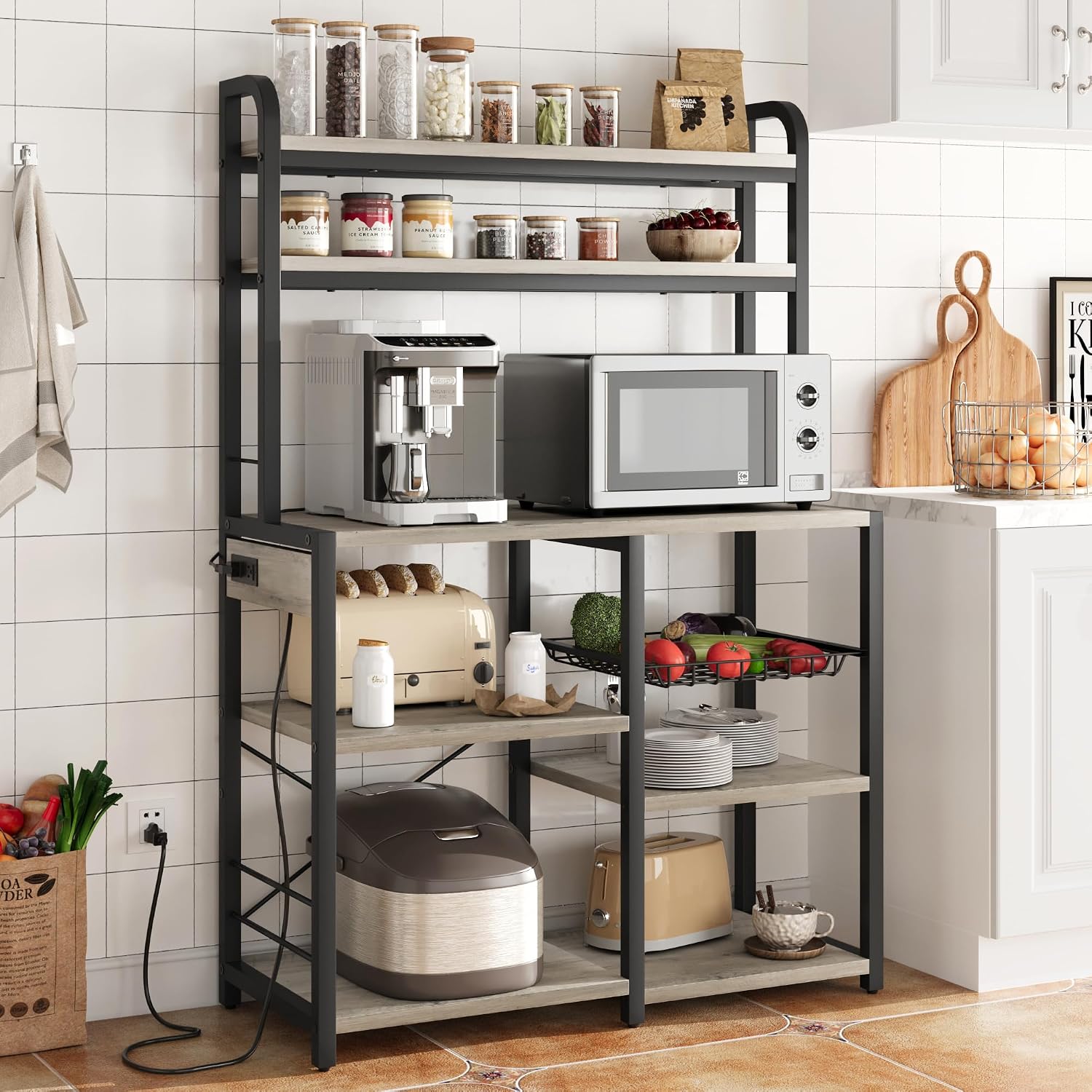 Bakers Rack with Power Outlet, 5-Tier Microwave Stand with Wire Basket, Coffee Bar Station, Kitchen Open Storage Shelves for Spices, Dishes, Gray