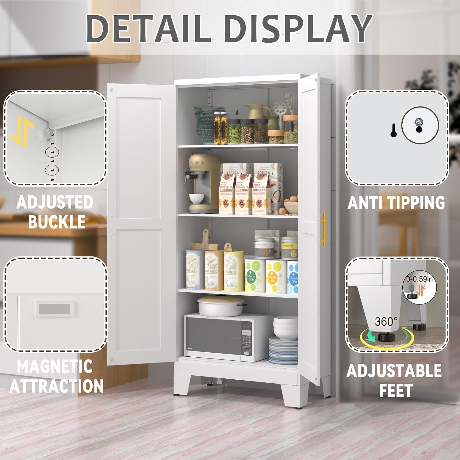 GAIOUS 61.02' Pantry Cabinet, Kitchen Pantry Storage Cabinets with Adjustable Shelves and Feet, White Pantry Storage Cabinet for Kitchen, Dining Room, Living Room and Bathroom (White) Metal