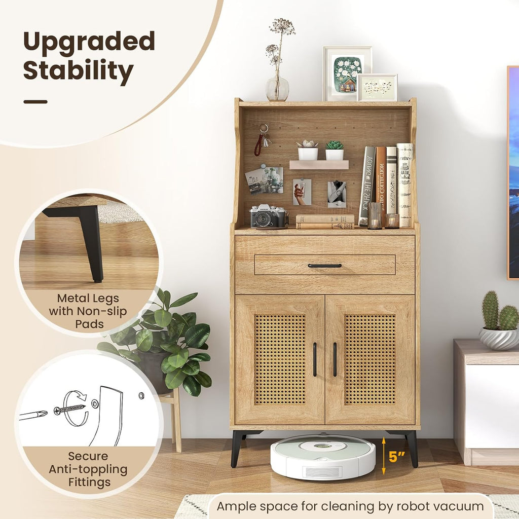 Giantex 45.5' Kitchen Pantry Cabinet, Buffet Sideboard w/Hutch, PVC Rattan Door, DIY Pegboard, Drawer, Adjustable Shelf, Metal Legs, Microwave Stand, Wood Storage Cabinet for Coffee Bar Kitchen (Oak)