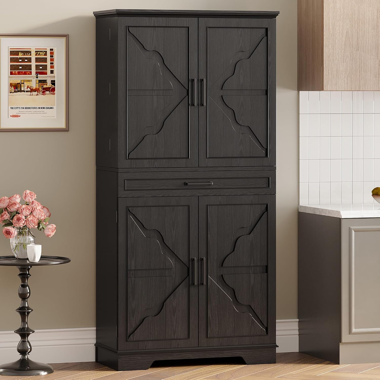 IRONCK Farmhouse Kitchen Pantry Cabinet, 72' Height Tall Freestanding Cupboard with Sliding Storage Rack and 6 Hanging Shelves for Kitchen, Dining Room, Black