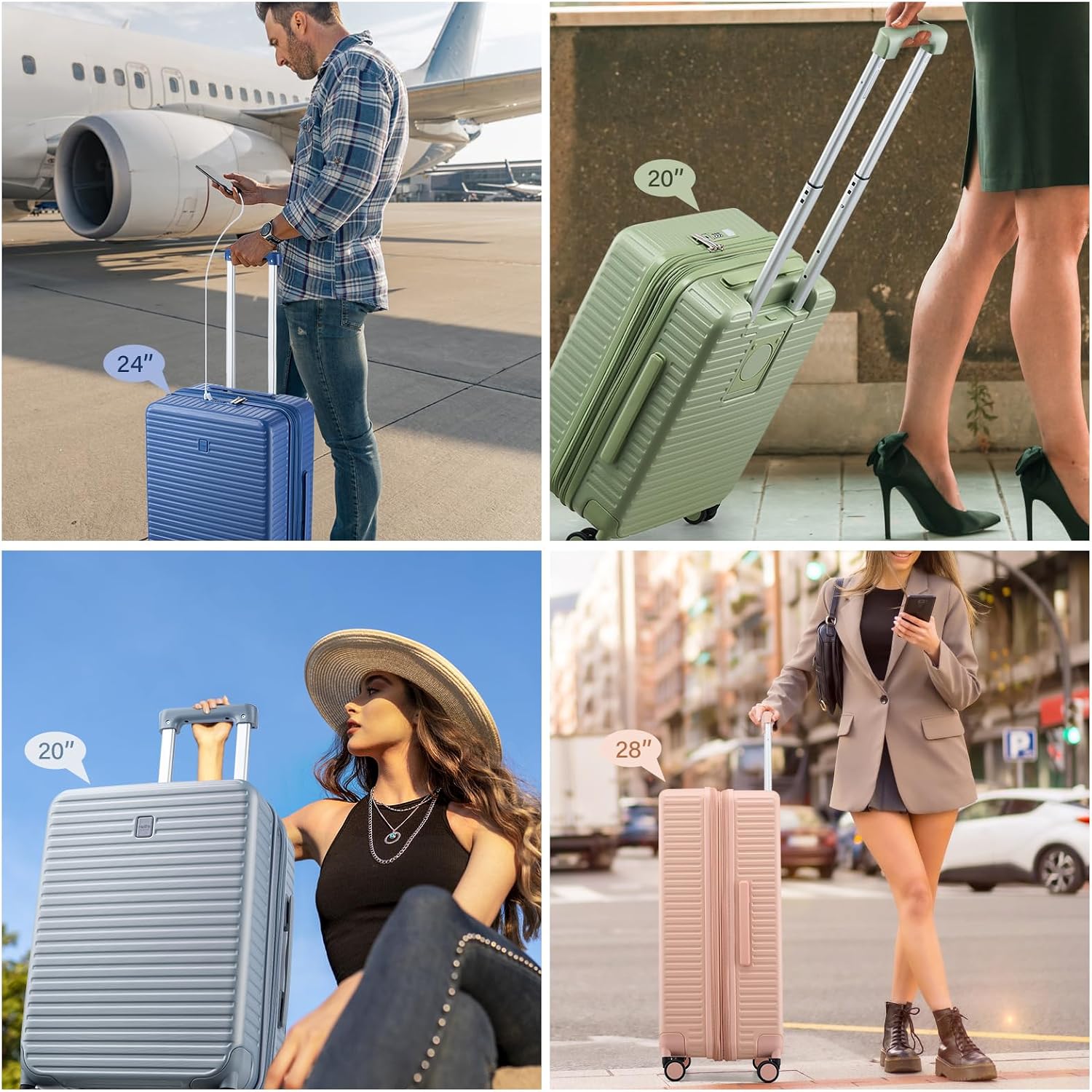 HanTrip Hard Shell Suitcases Travel Expandable Luggage, 24 Inch Check in Luggage with Spinner Wheels Cup Holder Charger Built in, Checked Medium Suitcase Lightweight Suitcases, White