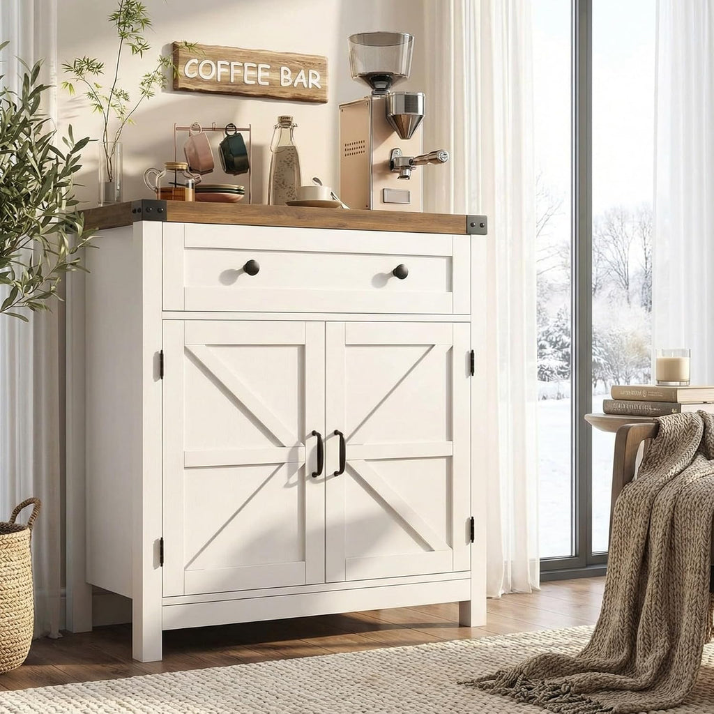 HOSTACK Coffee Bar Cabinet, Kitchen Storage Cabinet, Modern Farmhouse Buffet Sideboard with Drawer and Adjustable Shelf, Barn Door Accent Cabinets for Kitchen, Dining Room, Entryway, White