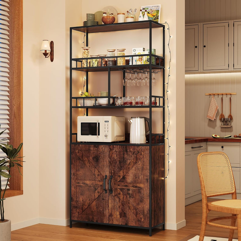 70.8' in Large Bakers Rack with Cabinet,Tall Wine Cabinet & Bar Storage Rack with Baskets and Hooks for Wine, Glasses, Beverages, and Snacks，Suitable for Living Rooms, Kitchen