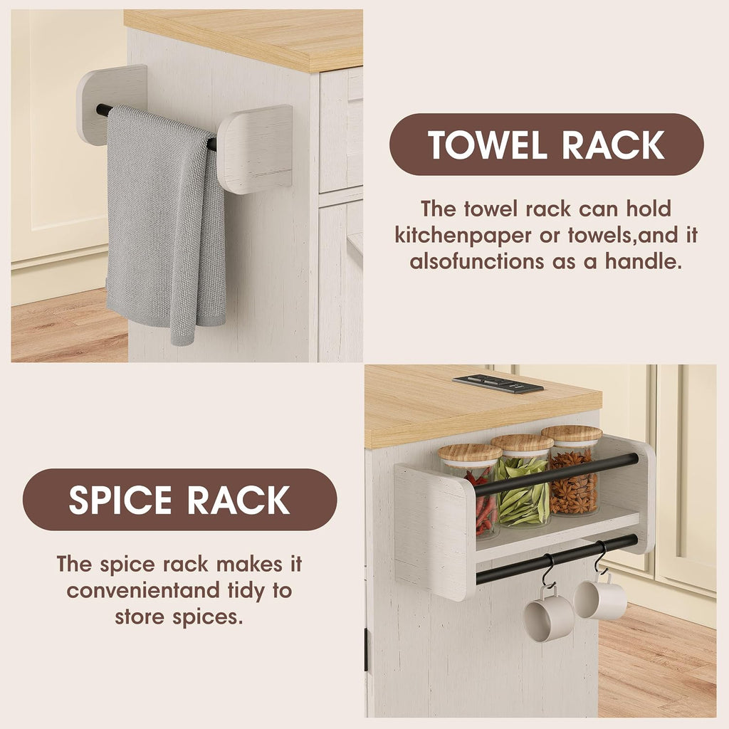 Halitaa Kitchen Island with Tilt Out Trash Can Cabinet and Power Outlet, Kitchen Rolling Island with Spice Rack, Towel Rack and 2 Drawers, Kitchen Island Cart, White