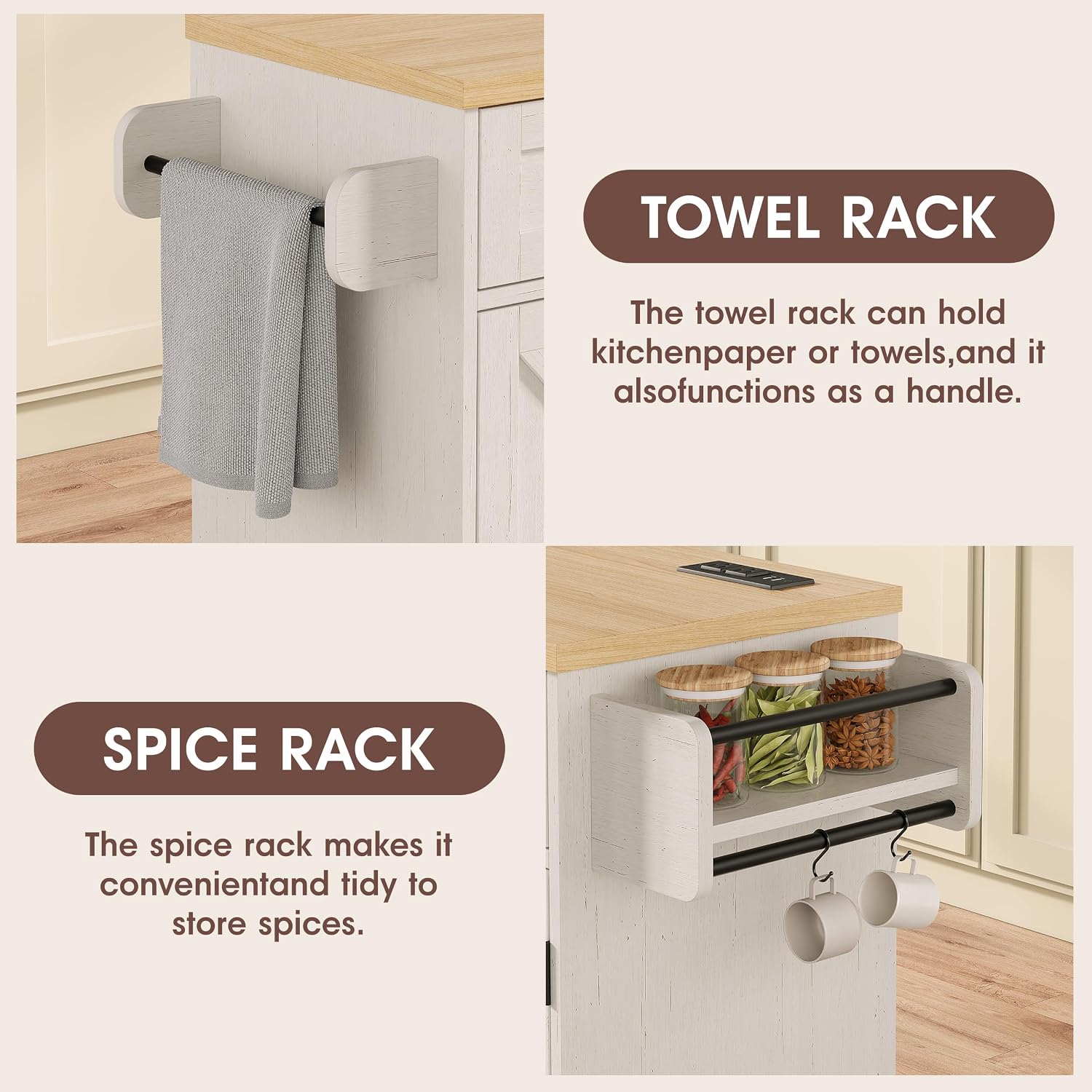 Halitaa Kitchen Island with Tilt Out Trash Can Cabinet and Power Outlet, Kitchen Rolling Island with Spice Rack, Towel Rack and 2 Drawers, Kitchen Island Cart, White