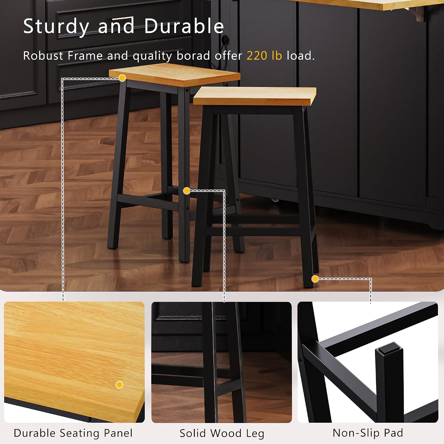 48 inch Rolling Kitchen Island Storage Cart on 5 Wheels with Drop Leaf, 2 Bar Stools, Power Outlet, Door Internal Storage Rack, 5 Open Side Racks, 2 Drawers for Dining Room, Home Bar Black