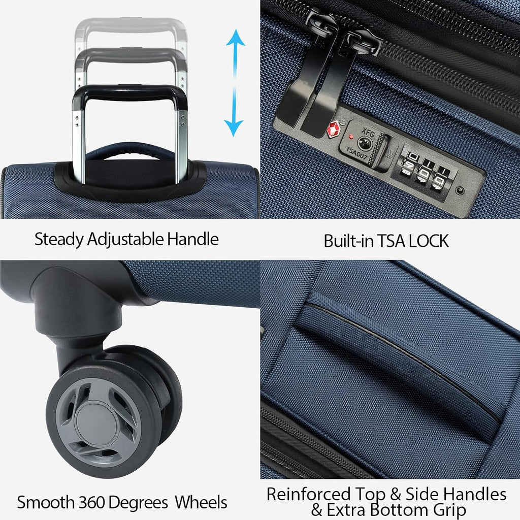 KROSER Softside Expandable checked Luggage with Front Business Pockets，24 Inch Suitcases with Spinner Wheels & Built-in TSA Lock, Durable Suitcase Rolling Luggage, Haze Blue