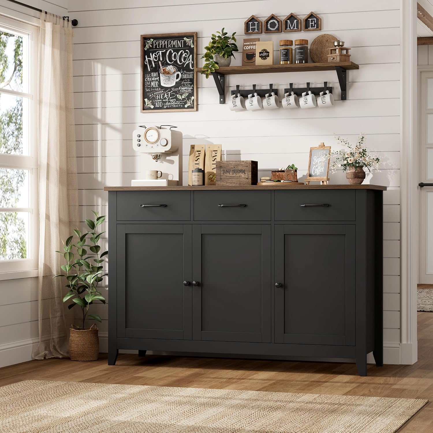 HORSTORS 47' Buffet Cabinet with Storage, Kitchen Buffet Table with Drawers, Modern Farmhouse Coffee Bar Storage Cabinet with Adjustable Shelf, Wood Sideboard for Dining Room, Kitchen, Entryway, Black