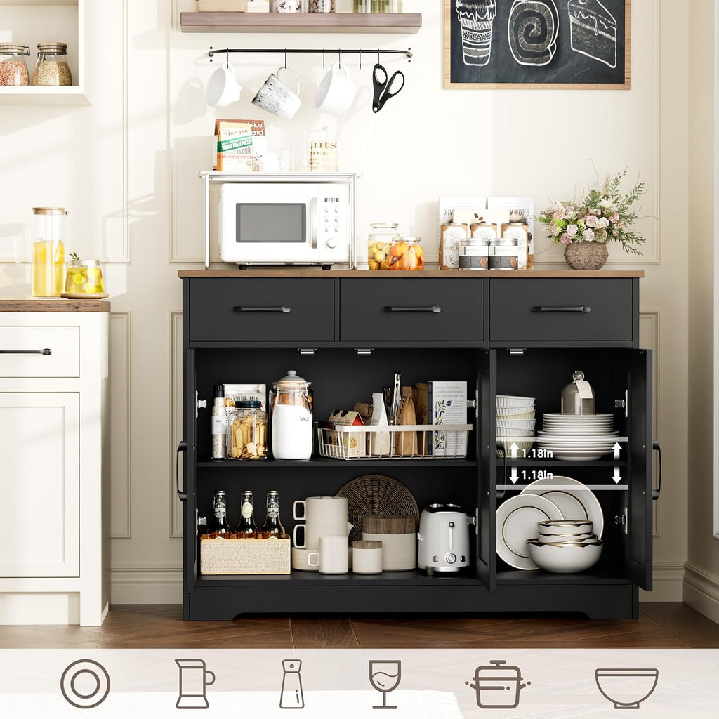 HOSTACK Modern Farmhouse Buffet Sideboard Cabinet, Barn Doors Storage Cabinet with Drawers and Shelves, Wood Coffee Bar with Storage for Dining Room, Kitchen, Living Room, Black/Rustic Brown