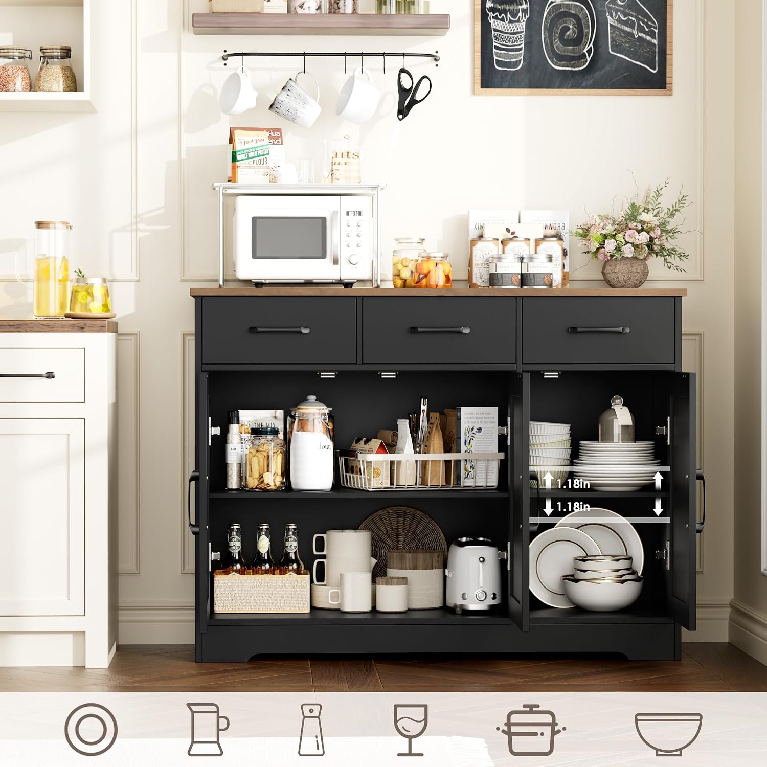 HOSTACK Modern Farmhouse Buffet Sideboard Cabinet, Barn Doors Storage Cabinet with Drawers and Shelves, Wood Coffee Bar with Storage for Dining Room, Kitchen, Living Room, Black/Rustic Brown