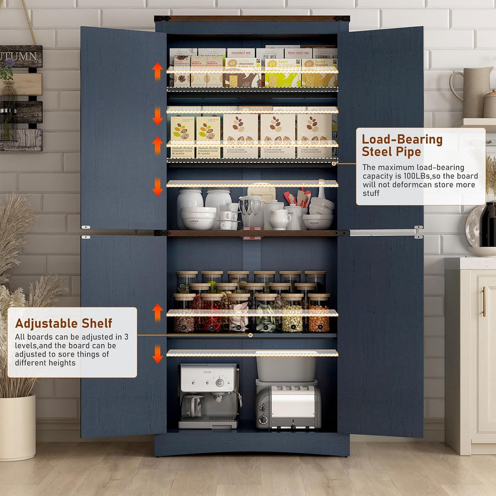Hlivelood 71' Tall Kitchen Pantry,Farmhouse Storage Cabinet with Adjustable Shelves,Load-Bearing Steel Pipe,Farmhouse Pantry Cabinet with 4 Barn Doors,for Kitchen,Dining Room,Living Room(Blue)