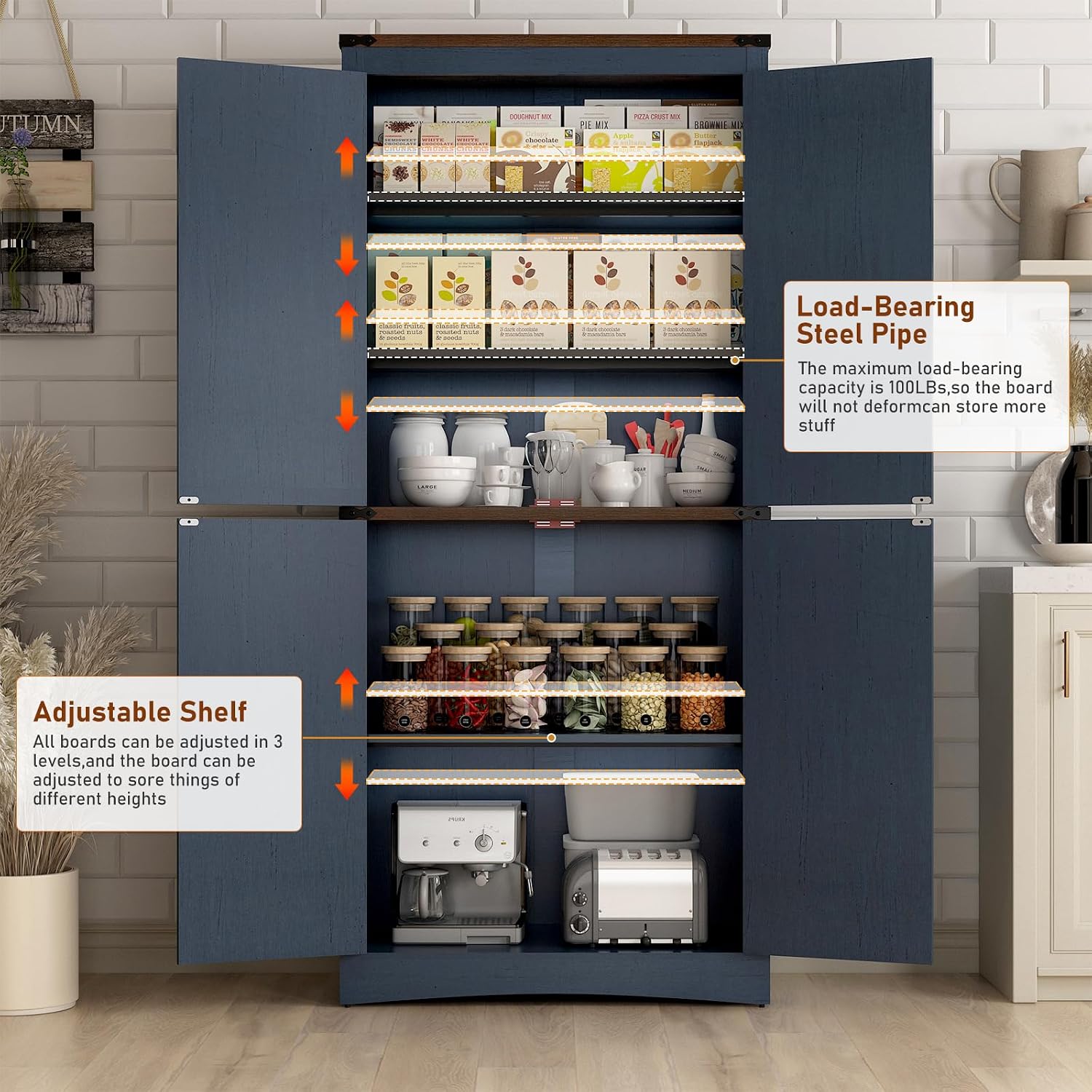 Hlivelood 71' Tall Kitchen Pantry,Farmhouse Storage Cabinet with Adjustable Shelves,Load-Bearing Steel Pipe,Farmhouse Pantry Cabinet with 4 Barn Doors,for Kitchen,Dining Room,Living Room(Blue)
