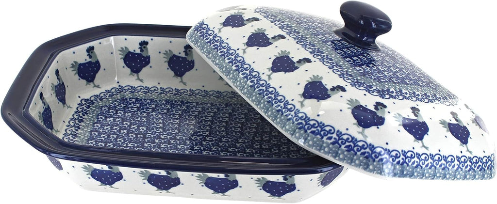 Blue Rose Polish Pottery - Blue Barnyard Rooster Medium Covered Baker - 3 Cup Capcaity - Unique, Dishwasher Safe, & Durable Bakeware