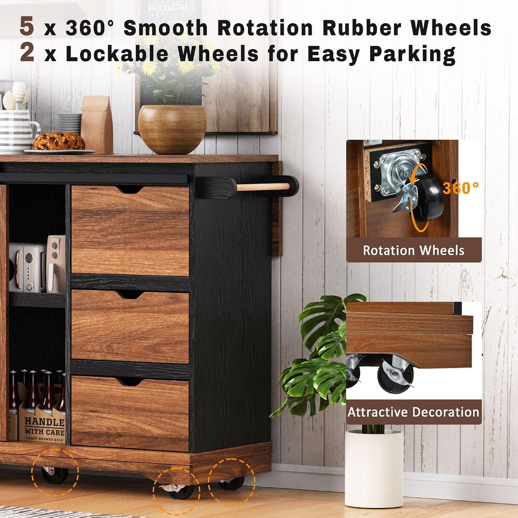 55.5' Farmhouse Kitchen Island with Drop Leaf, Kitchen Storage Island with Barn Door, Power Outlet, Rolling Kitchen Cart on Wheels with Spice Rack, for Home, Kitchen, Dining Room (Black)