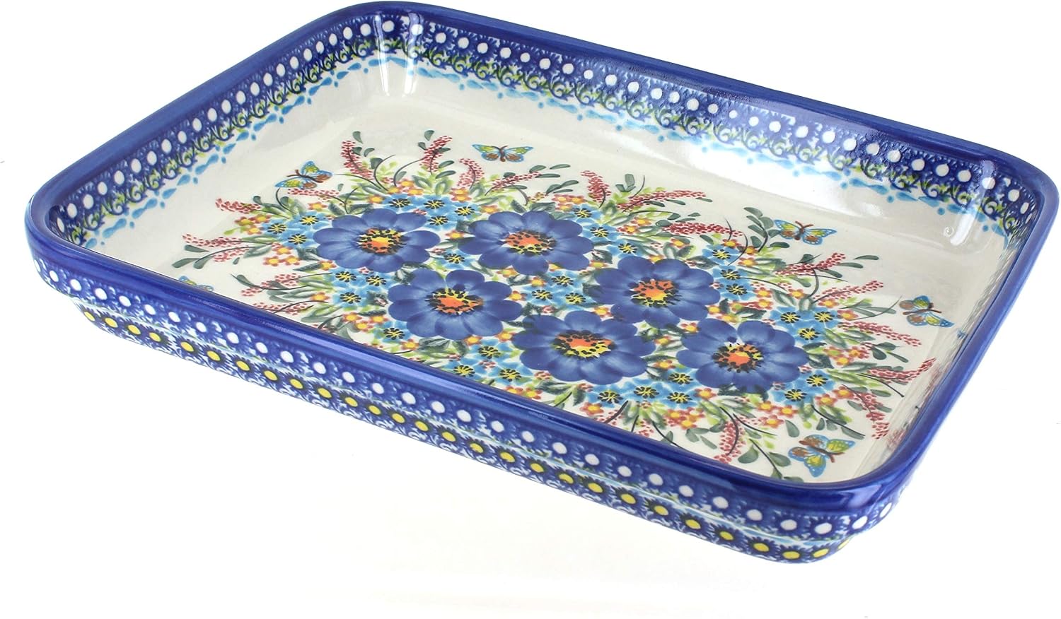 Blue Rose Polish Pottery - Garden of Blue Medium Rectangular Baker - 12' x 9.25' - Unique, Dishwasher Safe, & Durable Bakeware