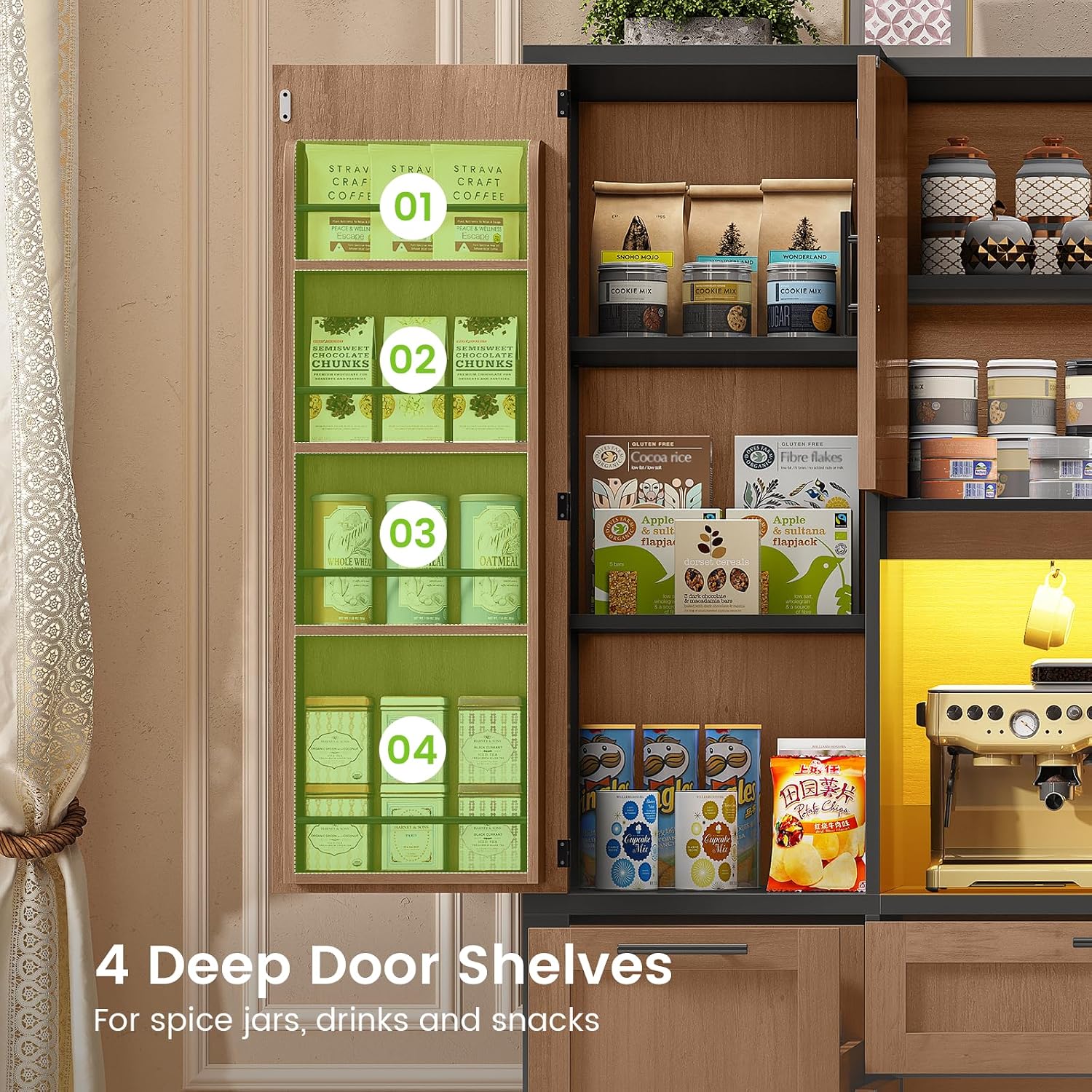 Itaar 71' Kitchen Pantry Cabinet with Charging Station and Led Light, Kitchen Storage Cabinets with Microwave Stand, 59' Wide Pantry Storage Cabinet with Storage Cart 3 Tier for Dining Room, Brown