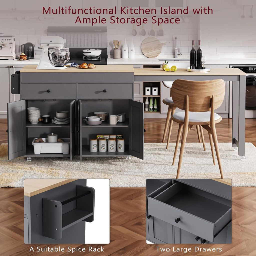 74.5 inch Kitchen Island with Extendable Dining Table, Rolling Kitchen Island on Wheels with Spice Rack and 2 Drawers, Kitchen Storage Cart with 4 Door Cabinet, for Kitchen, Dining Room (Grey/E)