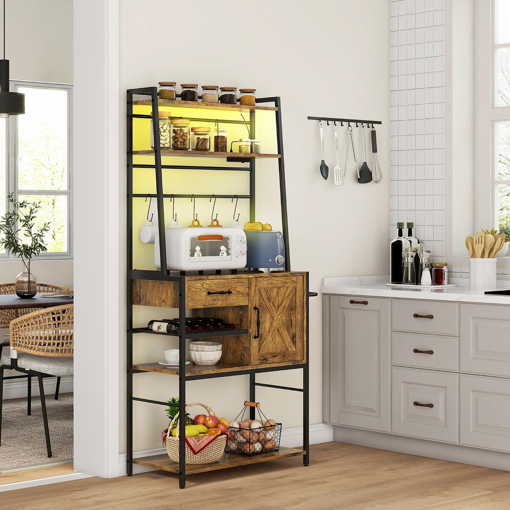 Baker's Rack with Power Outlet and LED Lights, Coffee Bar with Storage Shelves, Industrial Microwave Stand with Wine Bottle Rack, Drawer, Barn Door Cabinet, Rustic Brown