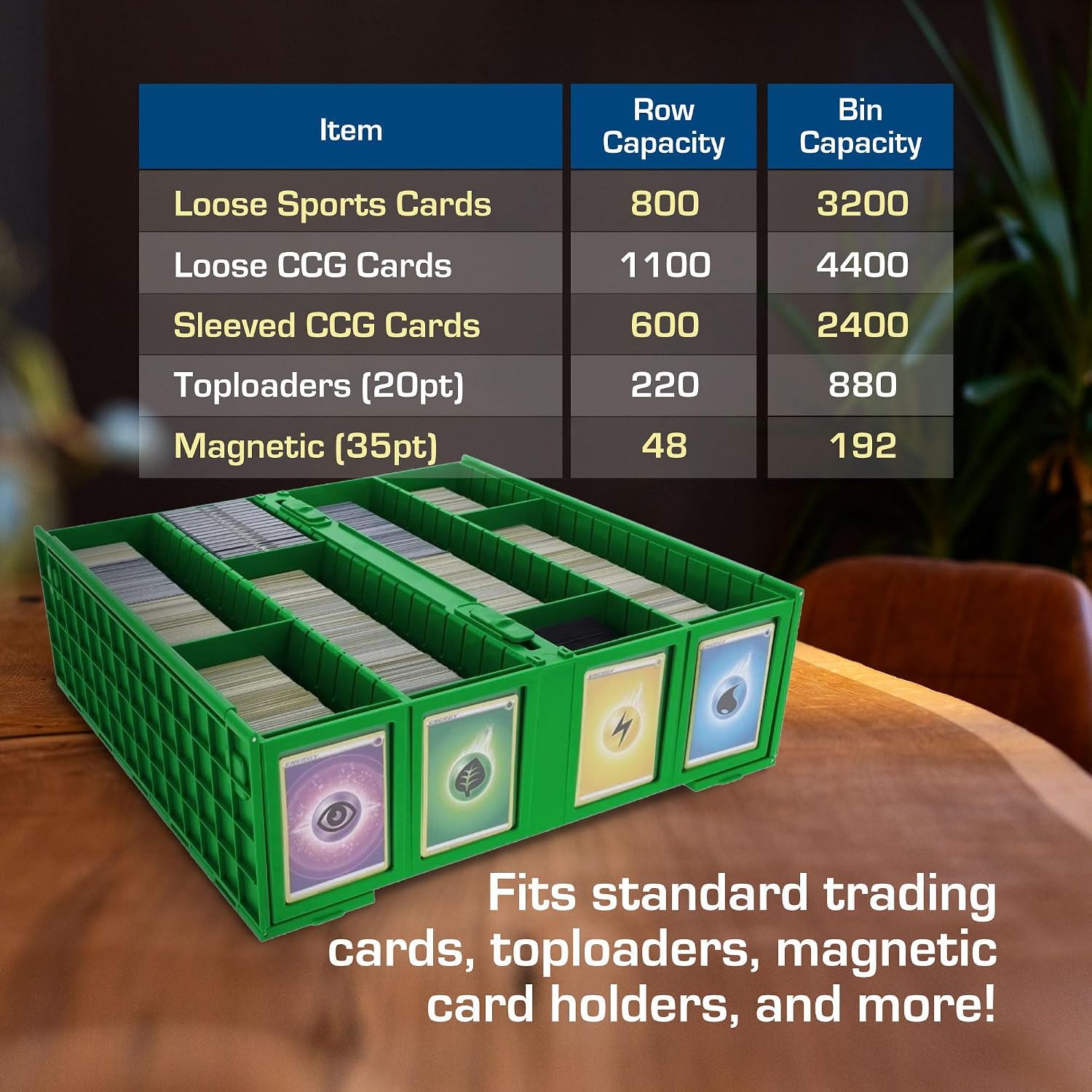 BCW Collectible Card Bin (4-Pack, Green) | Holds 3,200 Cards Each | Includes 4 Dividers Per Bin | Storage for Pokémon, MTG & Sports Cards