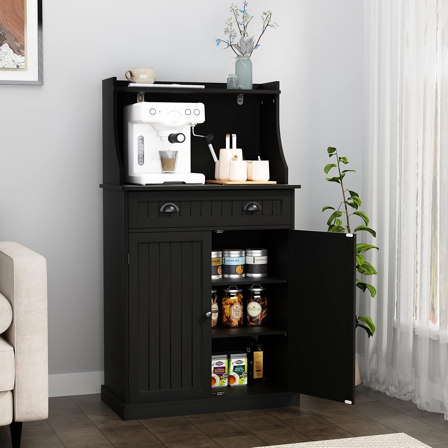 HOLTICO 54' Freestanding Kitchen Pantry Storage Cabinet with Doors and Adjustable Shelves, Microwave Oven Cabinet with Drawer for Kitchen, Bathroom or Hallway,Black