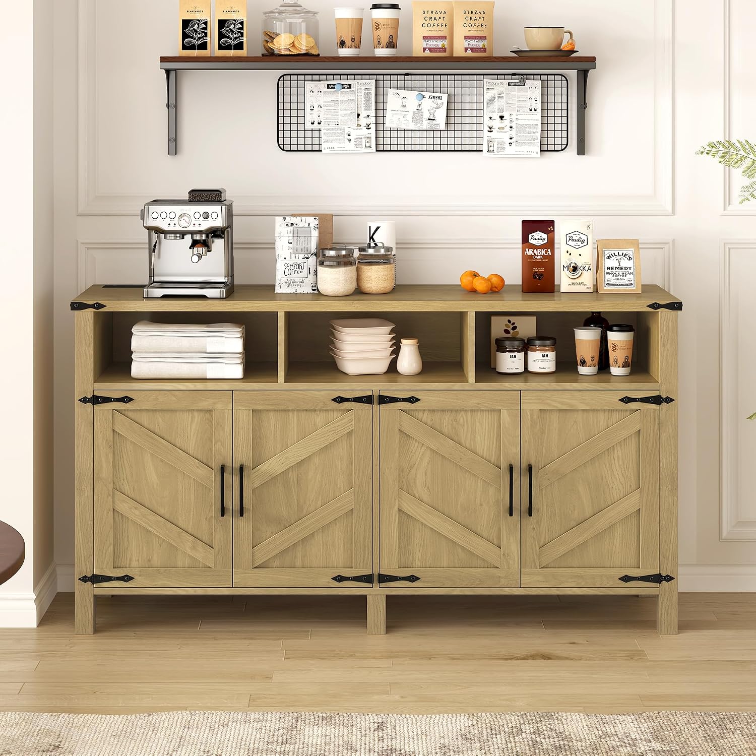 59' Modern Freestanding Storage Cabinet, Kitchen Storage Bakers Rack with Power Outlets, Utility Food Cupboard with Adjustable Shelves for Dining Room Living Room, Natural Wood