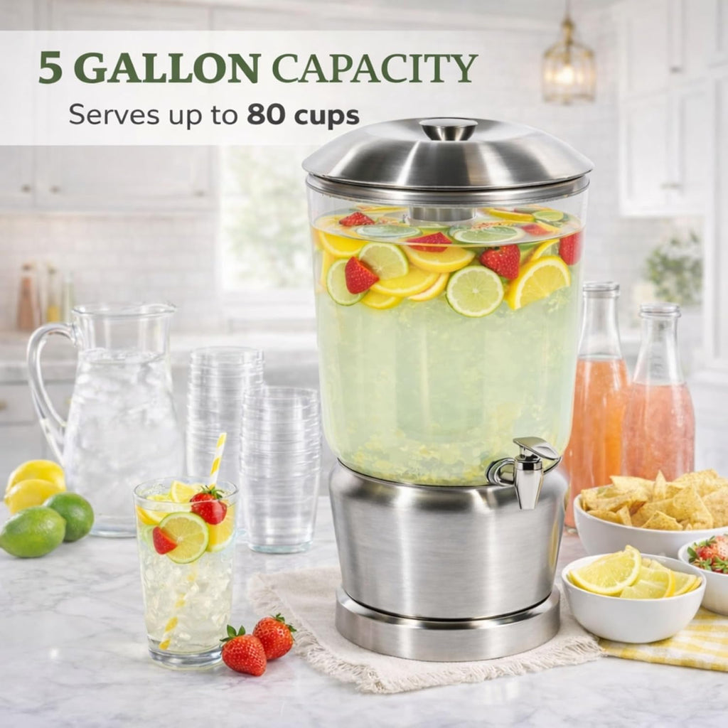Drink Dispenser with Ice Chambers, Lemonade Tea Water Dispenser with Spigot, Stainless Steel Beverage Jar Jug, Perfect for Home Parties, Weddings, Gifts & Events (Silver, 5, Gallons)