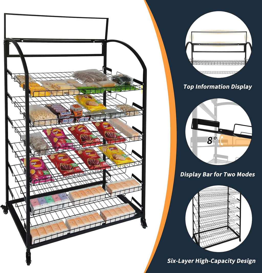 TONGMO Bakery Display Rack: Equipped with Wheels and Header Holder, 39.5' Wide Potato Chip Display Rack, 6 Shelves Snack Rack Display.(39.5', 6-Shelves, Black)