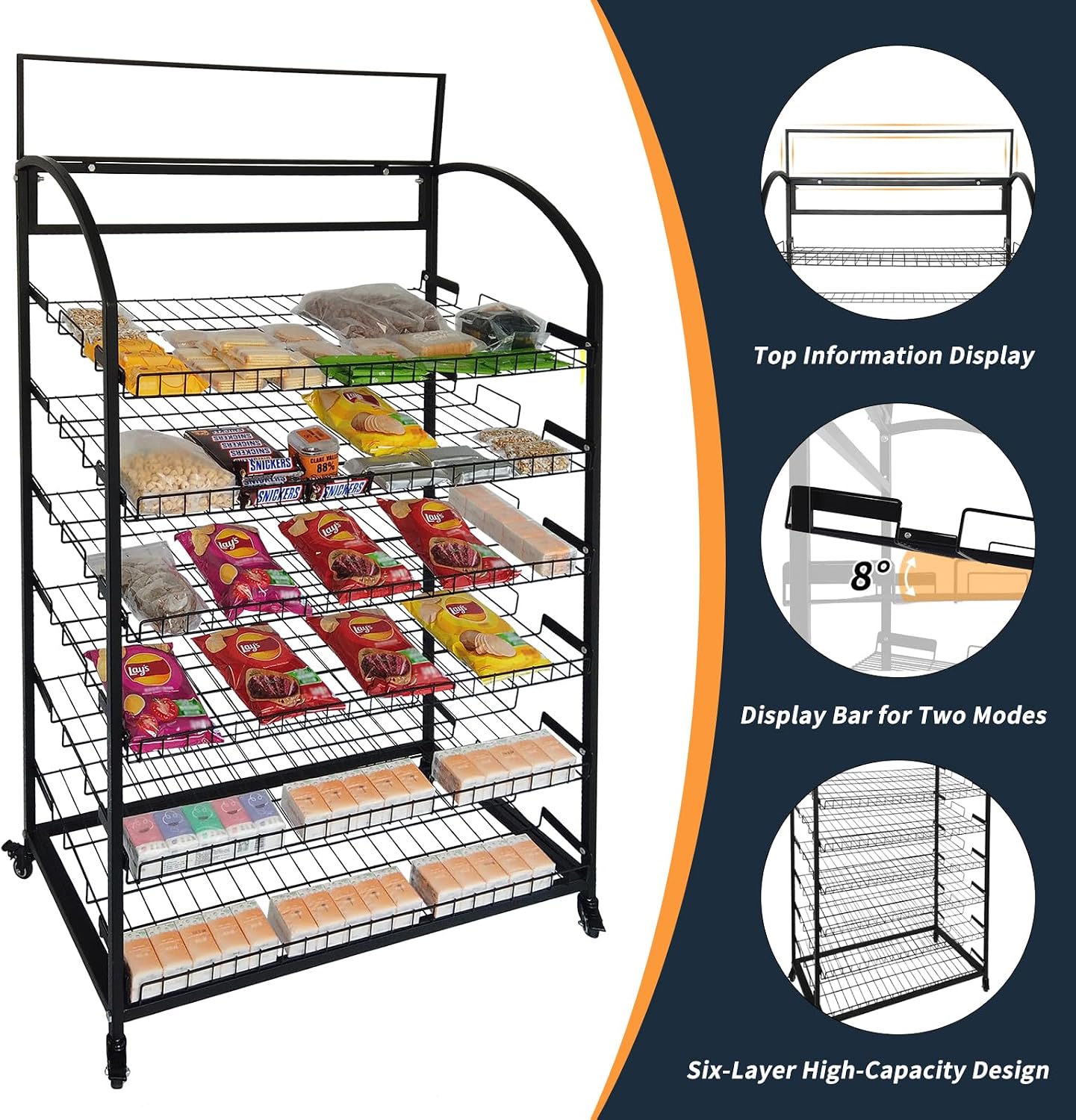 TONGMO Bakery Display Rack: Equipped with Wheels and Header Holder, 39.5' Wide Potato Chip Display Rack, 6 Shelves Snack Rack Display.(39.5', 6-Shelves, Black)