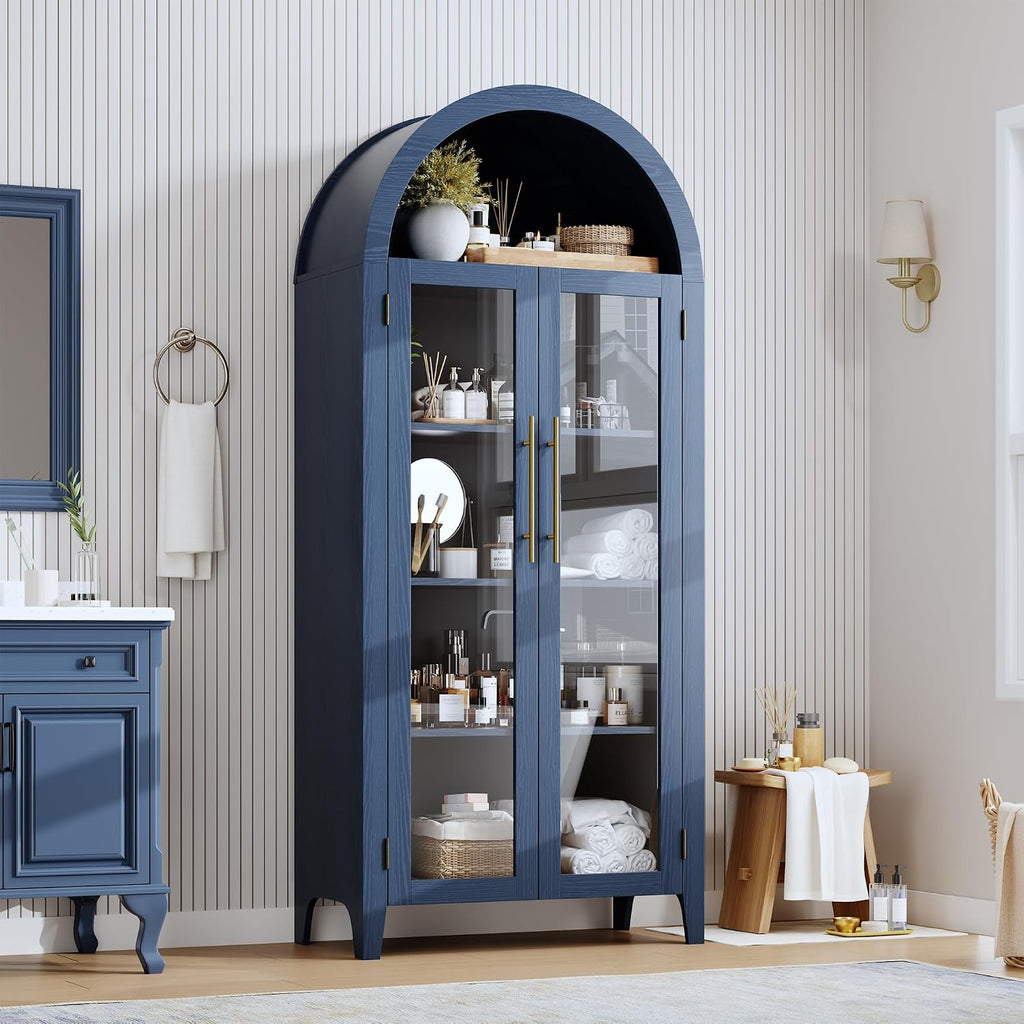 GarveeHome Arched Kitchen Pantry Cabinet - Farmhouse 5 Tier Display Shelf with Adjustable Shelf and 2 Large Glass Doors, Versatile Storage Cupboard for Kitchen, Dining Room, Living Room, Night Blue