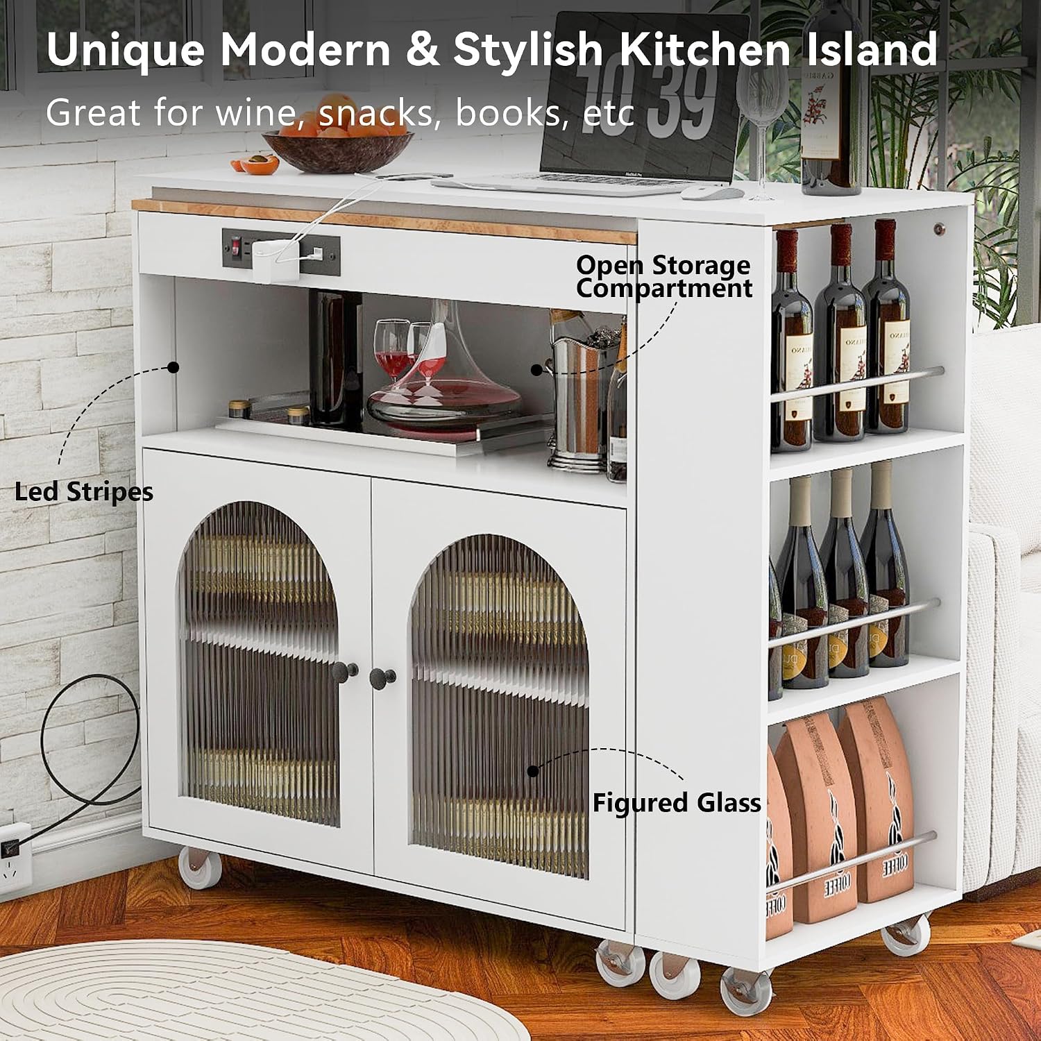 Rolling Kitchen Island W/Extended Table, Kitchen Island On Wheels with LED Lights,Power Outlets and 2 Fluted Glass Doors,Kitchen Island with a Storage Compartment&Side 3 Open Shelves (White)