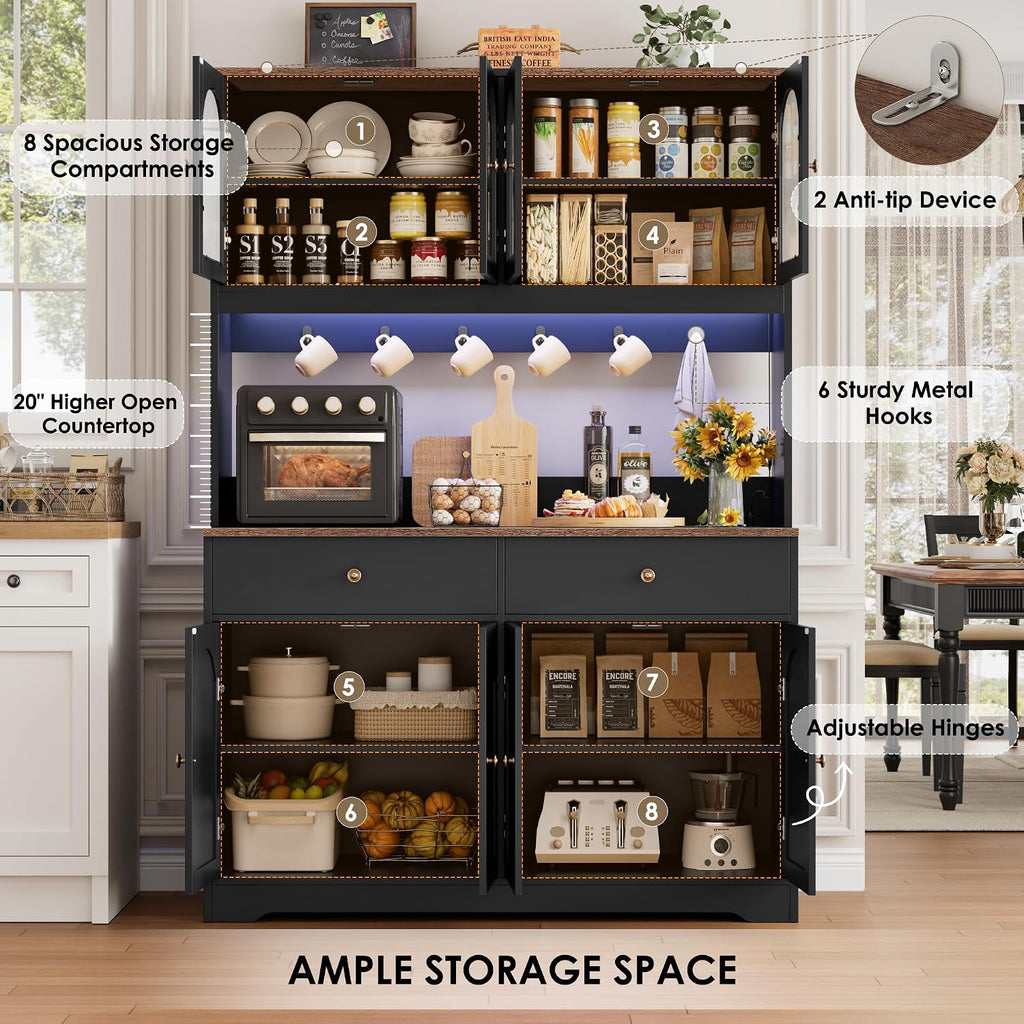 HIFIT 71' LED Kitchen Pantry Cabinet with Power Outlet, Large Kitchen Hutch Cabinet with 2 Storage Drawers & Arched Door, Countertop & Hooks, Tall China Bar for Dining Living Room (Black)