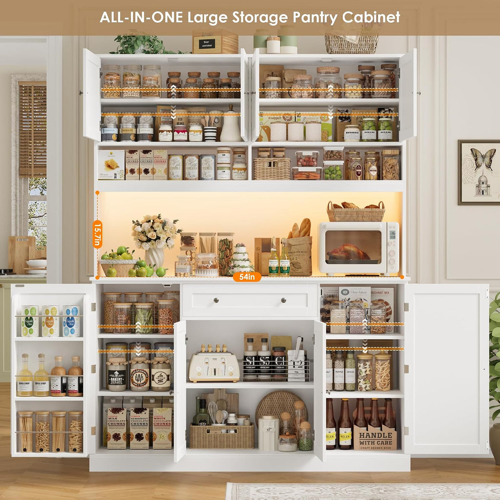 HIFIT 72.8' Tall Kitchen Pantry Cabinet with LED & Charging Station, 55' Wide Farmhouse Pantry Storage Cabinet with Microwave Stand&Shelves&Barn Doors, Kitchen Hutch Coffee Bar for Living Room, White
