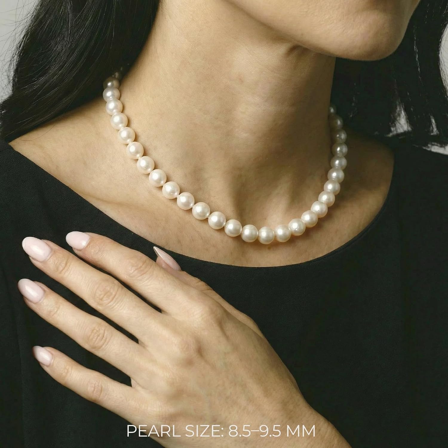 The Pearl Source Real Freshwater Pearl Necklace for Women, Round White Genuine Cultured Freshwater Pearls, Classic Single Strand Pearl Necklace, Sterling Silver Fishhook Clasp