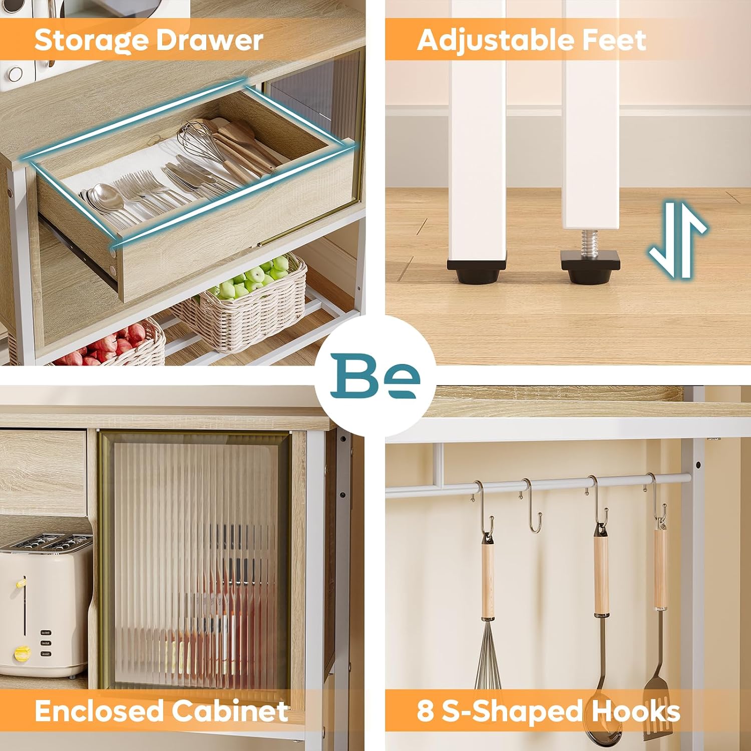 Bestier Bakers Rack with LED Lights, 6 Tier Microwave Stand with Storage Drawer Cabinet, Kitchen Coffee Bar Table with 8 Hooks, Heavy Duty Storage Shelves for Kitchen Garage Pantry(Oak Light)