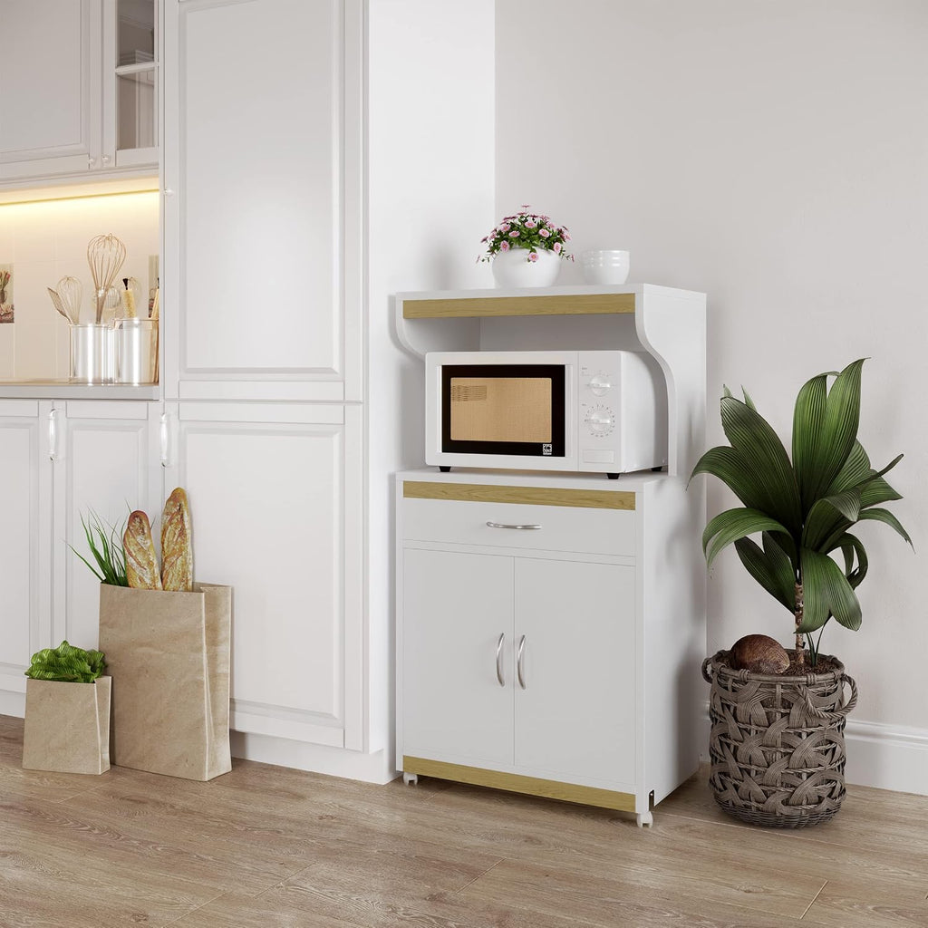 Microwave Stand with Storage – Rolling White Cabinet with Doors, Drawer, and Locking Wheels – Freestanding Wood Cart by Lavish Home (White and Oak)