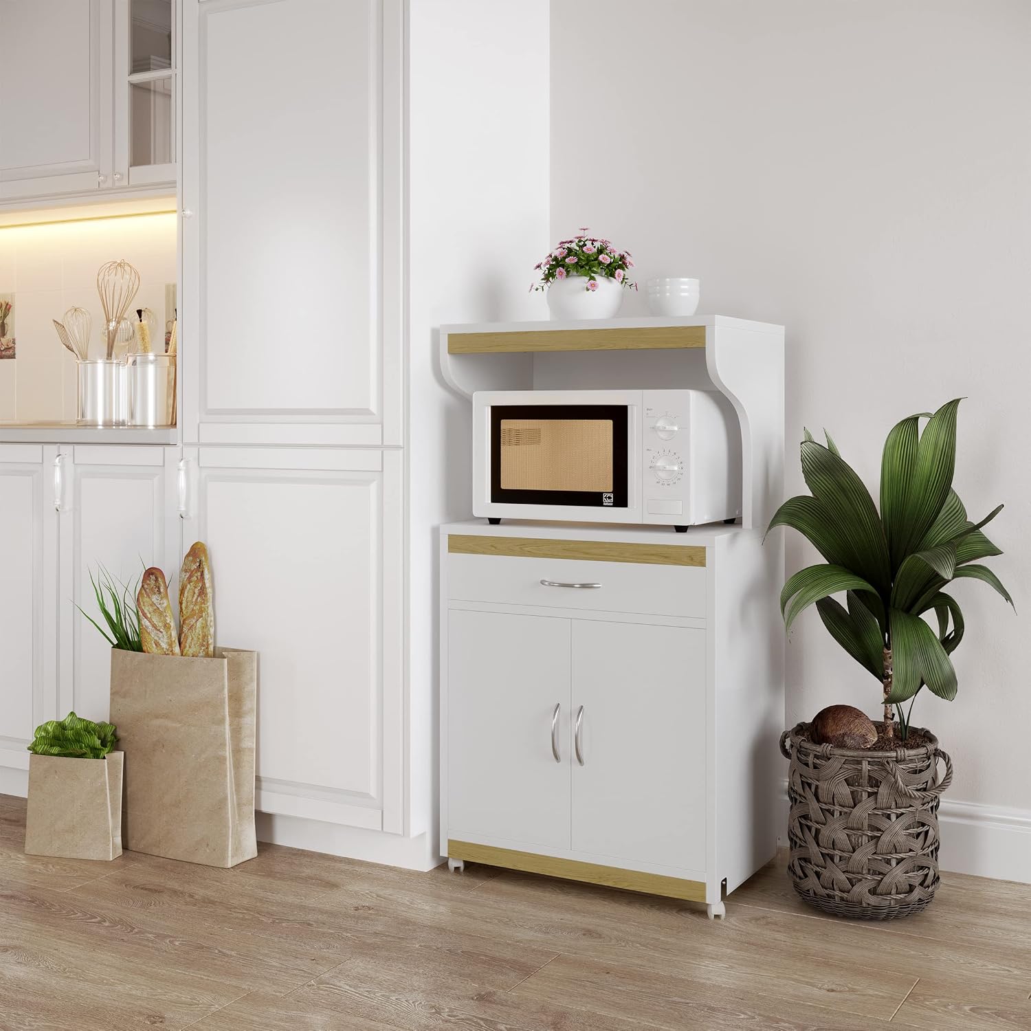 Microwave Stand with Storage – Rolling White Cabinet with Doors, Drawer, and Locking Wheels – Freestanding Wood Cart by Lavish Home (White and Oak)