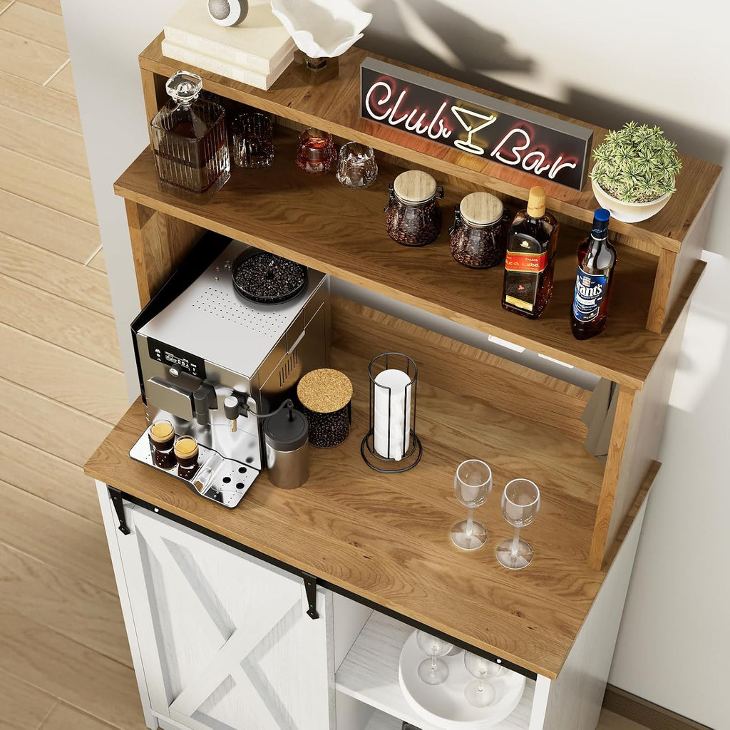 BestHaped Farmhouse Coffee Station with 3 Tier Storage Hutch & 6 Hooks - 56 Inch Small Coffee Bar Table with Adjustable Shelves for Living/Dining Room
