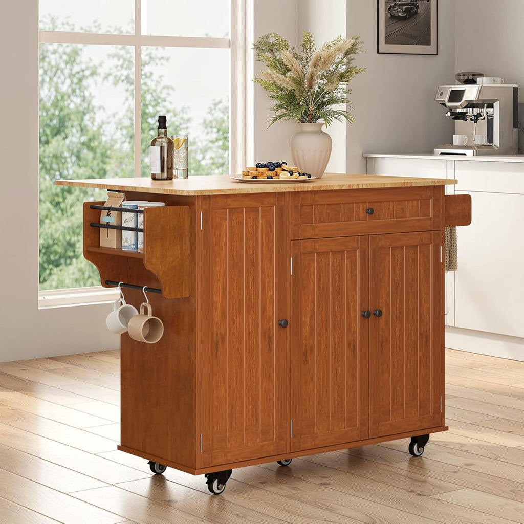 Ahomly Kitchen Island with Storage, Rolling Kitchen Island on Wheels with Drop Leaf, Interal Storage Rack, a Drawer, Spicy Rack and Towel Bar, Mobile Island Table for Kitchen, Brown