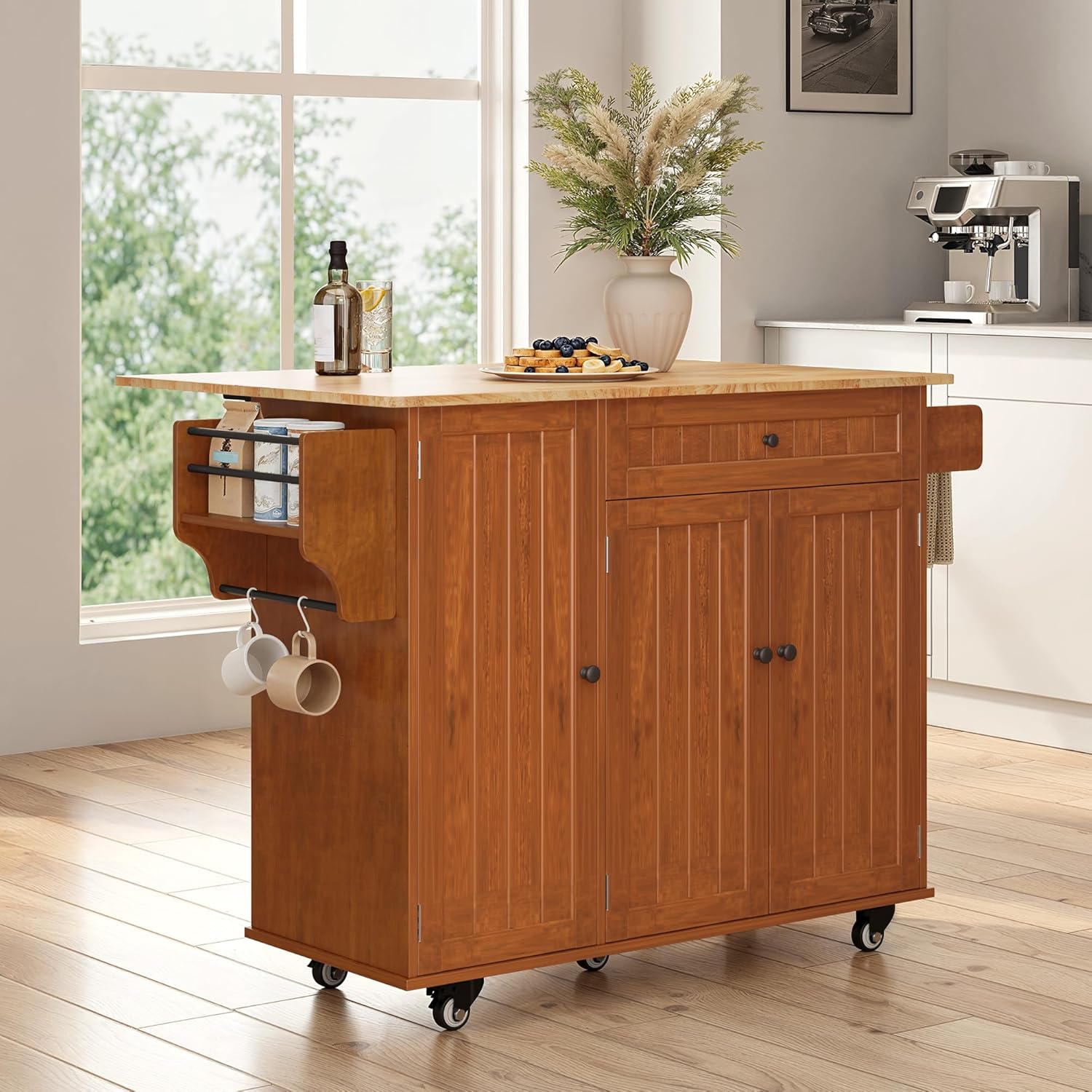 Ahomly Kitchen Island with Storage, Rolling Kitchen Island on Wheels with Drop Leaf, Interal Storage Rack, a Drawer, Spicy Rack and Towel Bar, Mobile Island Table for Kitchen, Brown