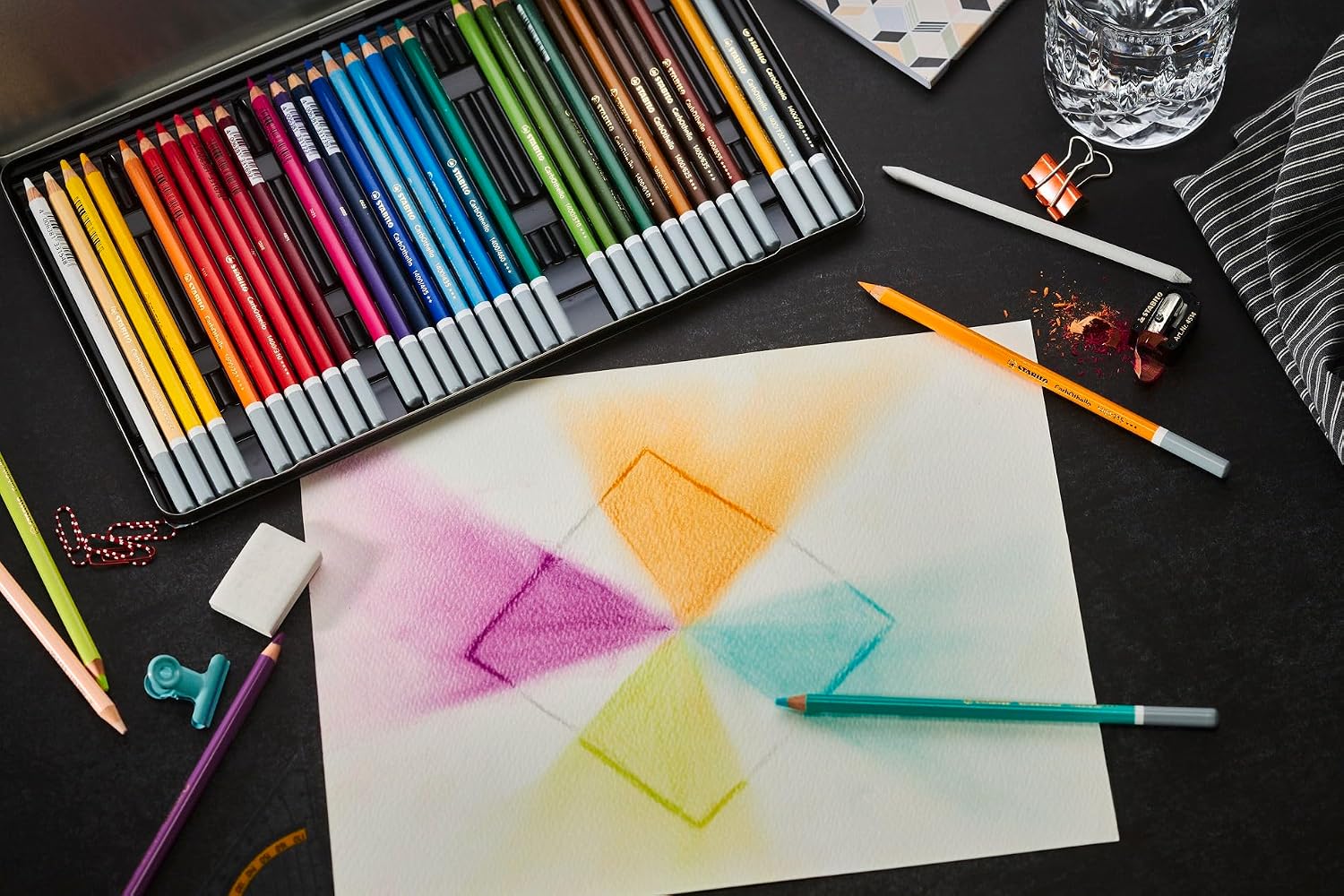 STABILO - CarbOthello - Chalk-Pastel Pencil - ARTY+ - Tin of 60 - Assorted colors with Sharpener, Kneaded Eraser and Blending Stump