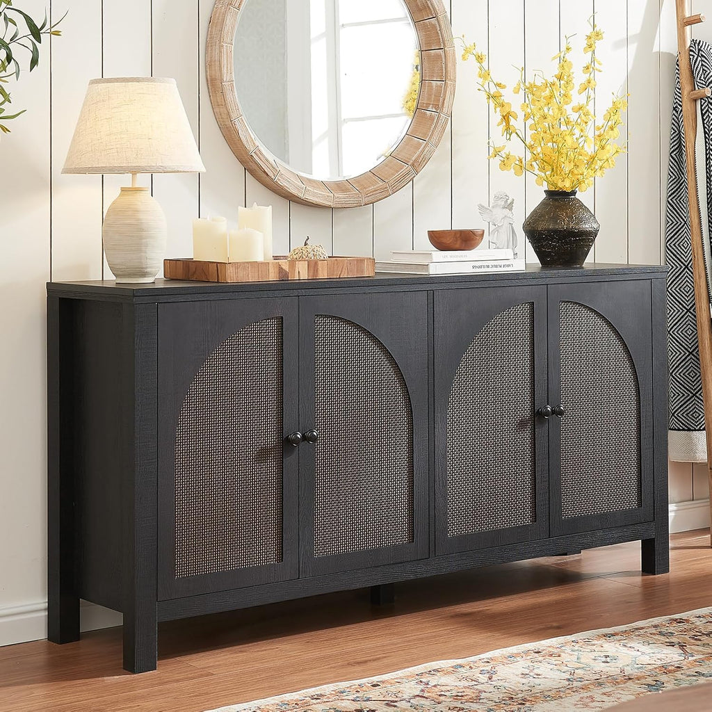 Okvnbjk Sideboard Buffet Cabinet with Storage, 60inch Kitchen Buffet Table with Soft Closing Door Hinges, Rattan Coffee Bar Cabinet for Living Room, Dining Room, Black