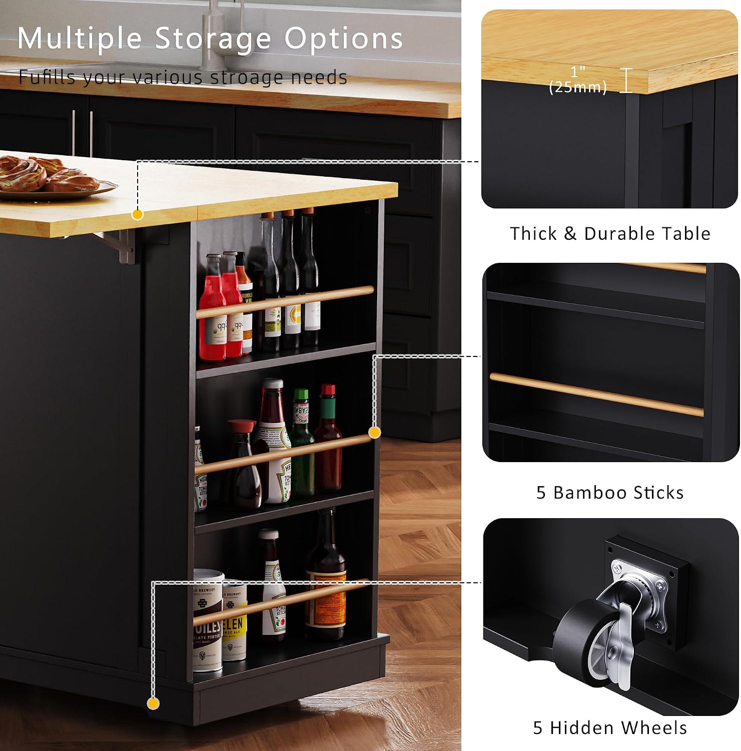 Classic Large Kitchen Island with Drop Leaf, Power Outlet, Door Internal Storage Rack, Rolling Kitchen Storage Cart on 5 Wheels with 5 Open Side Racks, 3 Drawers for Home, Dining Room (Black/Wheels)