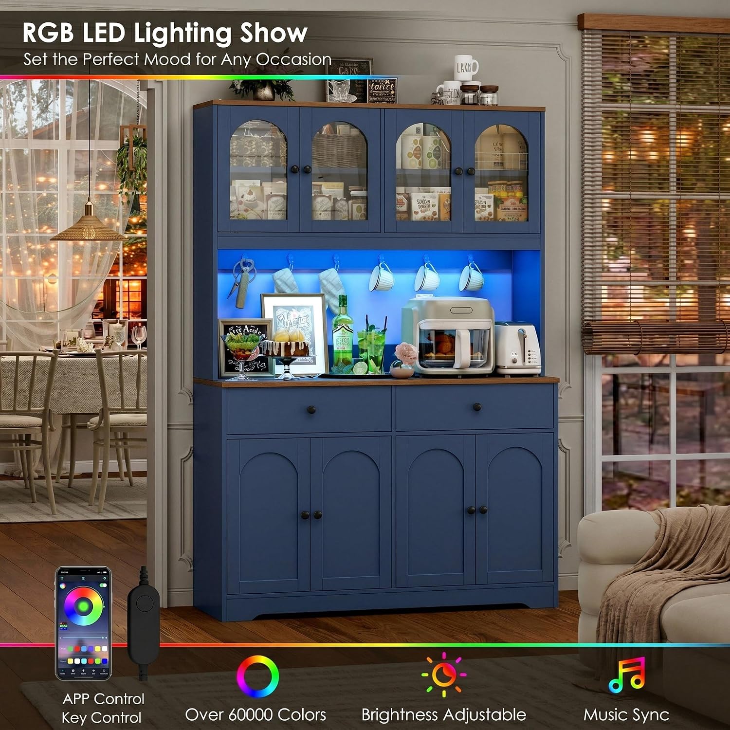 HIFIT 71' LED Kitchen Pantry Cabinet with Power Outlet, Large Kitchen Hutch Cabinet with 2 Storage Drawers & Arched Door, Countertop & Hooks, Tall China Bar for Dining Living Room (Blue)