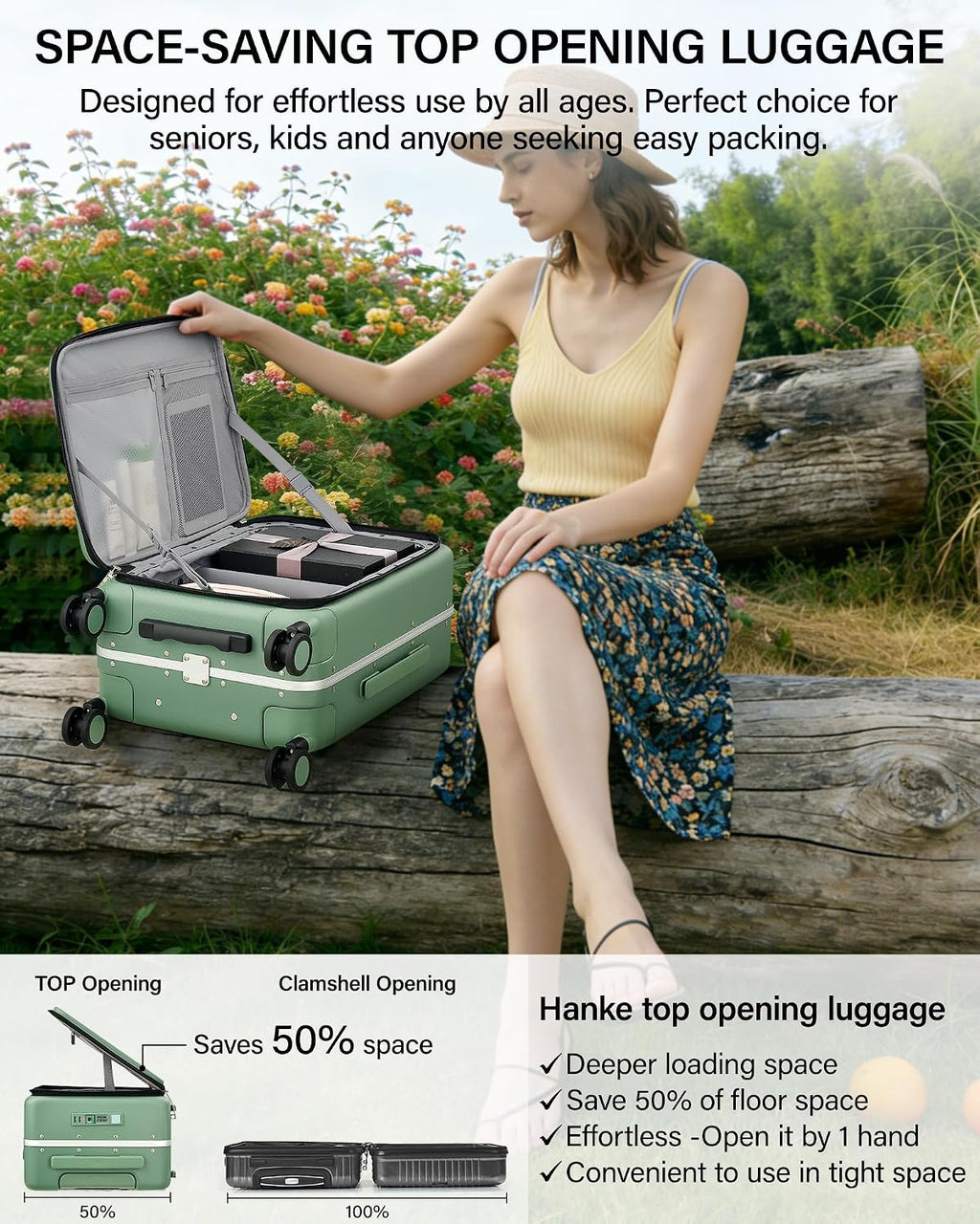 Hanke 20 Inch Top Opening Carry On Luggage with Cup Holder, Hard Shell Suitcase with Spinner Wheels, USB Ports, TSA Lock Aluminum Frame, Dry Wet Separation & Removable Divider, Forest Green