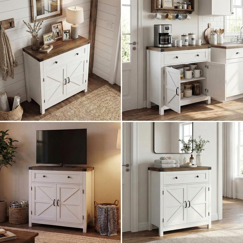 HOSTACK Coffee Bar Cabinet, Kitchen Storage Cabinet, Modern Farmhouse Buffet Sideboard with Drawer and Adjustable Shelf, Barn Door Accent Cabinets for Kitchen, Dining Room, Entryway, White
