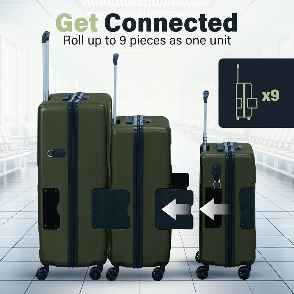 TACH Patented Connecting Hard Shell 3 Piece Luggage Set - 20, 24 & 28 inch Luggage | Carry-On, Medium & Large Rolling Suitcases - Forest Green