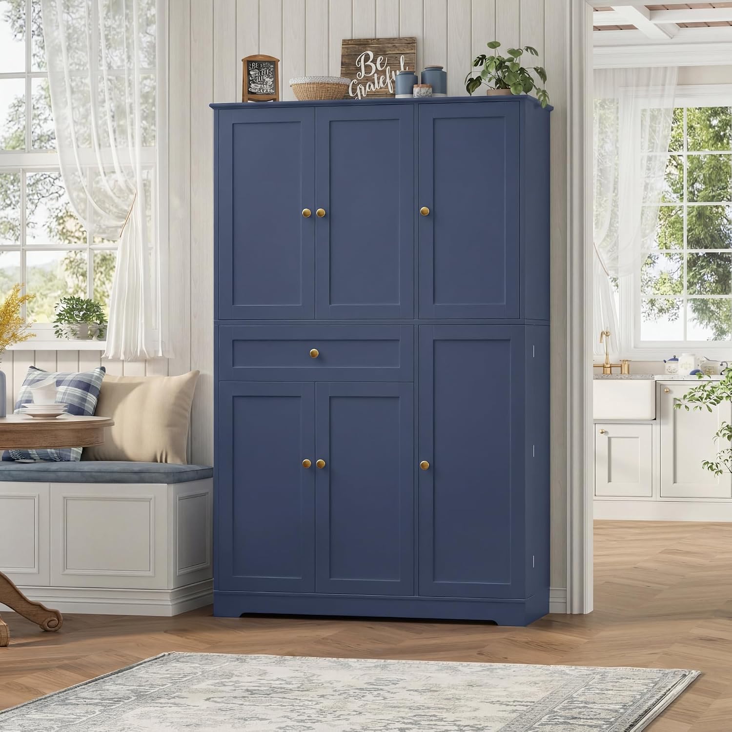 HOSTACK 68' Tall Kitchen Pantry Storage Cabinet, Modern Kitchen Hutch Cabinet with Doors and Shelves, Freestanding Food Pantry with Large Storage Drawer for Dining Room, Living Room, Navy Blue