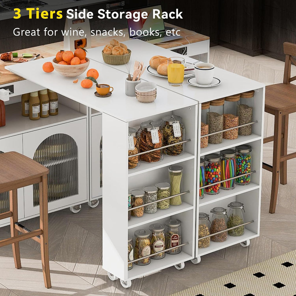 Rolling Kitchen Island W/Extended Table, Kitchen Island On Wheels with LED Lights,Power Outlets and 2 Fluted Glass Doors,Kitchen Island with a Storage Compartment&Side 3 Open Shelves (White)